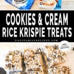 Two images, the first shows the ingredients for Oreo Rice Krispie Treats. The second shows a top view of the rice crispy treats cut into bars. The text reads, "Cookies & Cream Rice Krispie Treats"