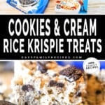 Two images, the first showing the ingredients for Oreo Rice Krispie Bars. The second shows a stack of the bars. The text reads, "Cookies & Cream Rice Krispie Treats"
