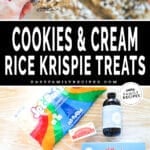 Two images, the first showing two hands breaking apart an Oreo Rice Krispie bar. The second shows the ingredients for Rice Krispie treats. The text reads, "Cookies & Cream Rice Krispie Treats"