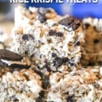 A pile of Oreo Rice Krispie treats. The text reads, "Cookies & Cream Rice Krispie Treats"