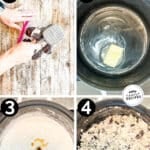 Four numbered images showing the steps for making cookies and cream Rice Krispie treats. The text reads, "Cookies & Cream Rice Krispie Treats"
