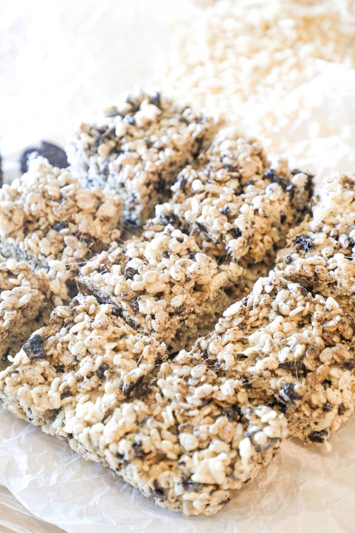 Oreo Rice Krispie treats cut into squares. 