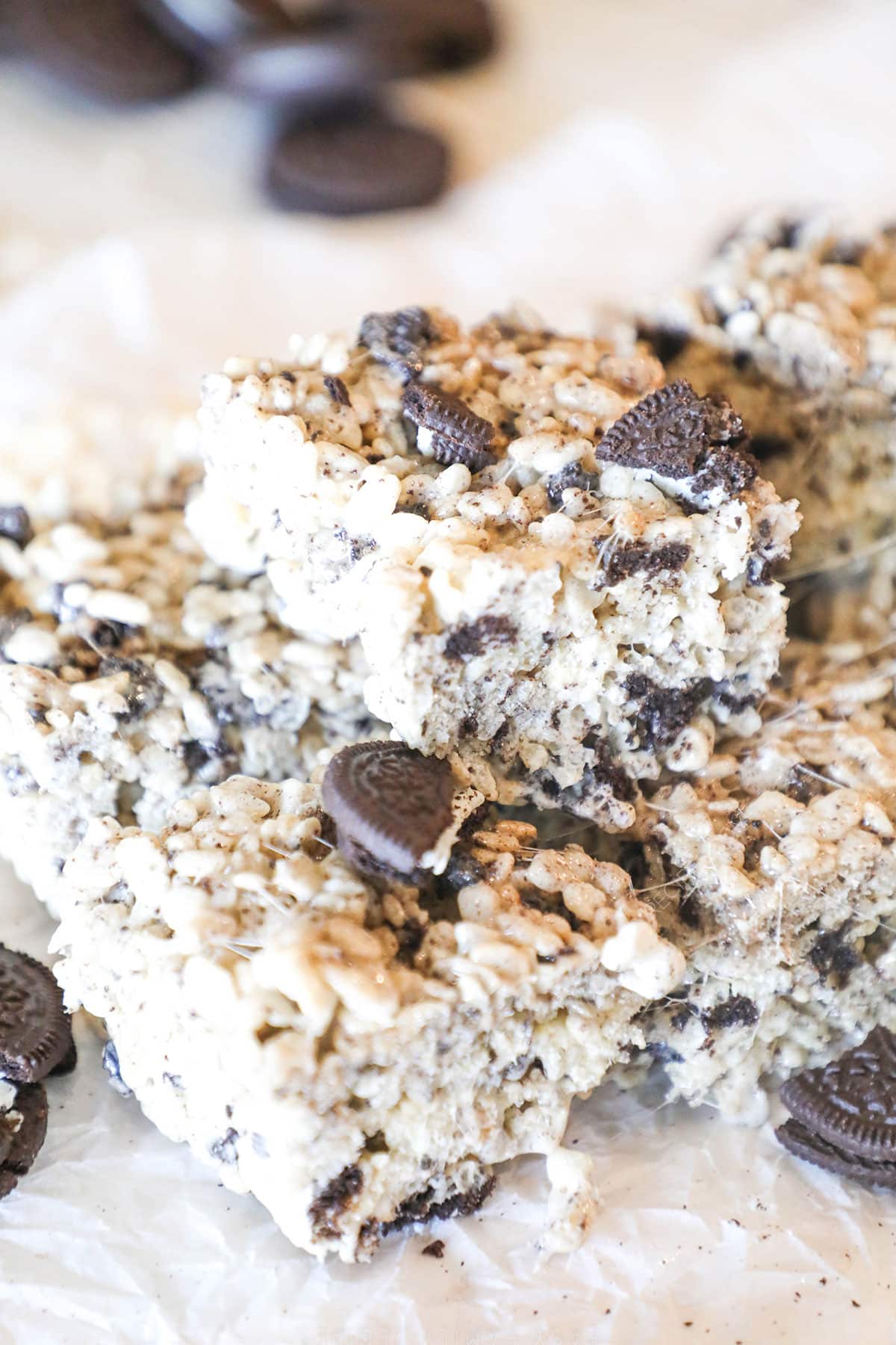 A close-up of Oreo Rice Krispie treats