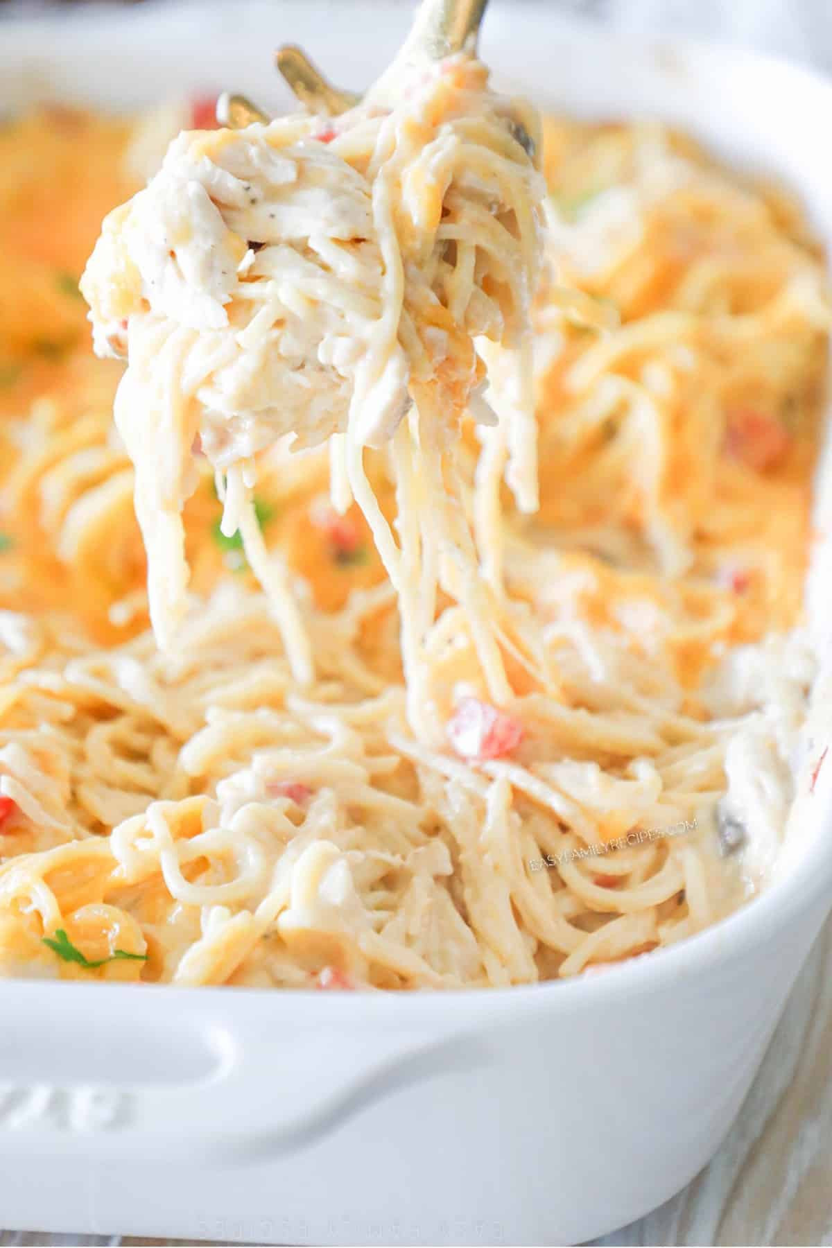 Chicken spaghetti in a baking dish