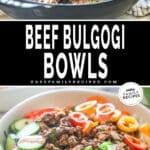two images for beef bulgogi bowls, one with cooked beef in a skillet and the other with an assembled bowl.