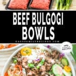 two images for beef bulgogi, one with ingredients for beef bulgogi, and the other with an assembled bowl ready to serve.