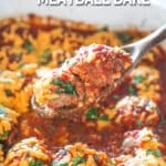 A wooden spoon scoops meatballs out of Chili Cheese Meatball Bake. The text reads, “Chili Cheese Meatball Bake”