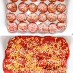 Vertical collage of four images showing the steps for how to make Chili Cheese Meatball Bake