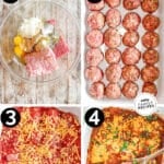 Vertical collage of four numbered images showing the steps for how to make Chili Cheese Meatball Bake. The text reads, “Chili Cheese Meatball Bake”