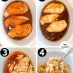 A collage of four numbered images showing the steps for making Crockpot Bourbon Chicken. The text reads, “Crockpot Bourbon Chicken”