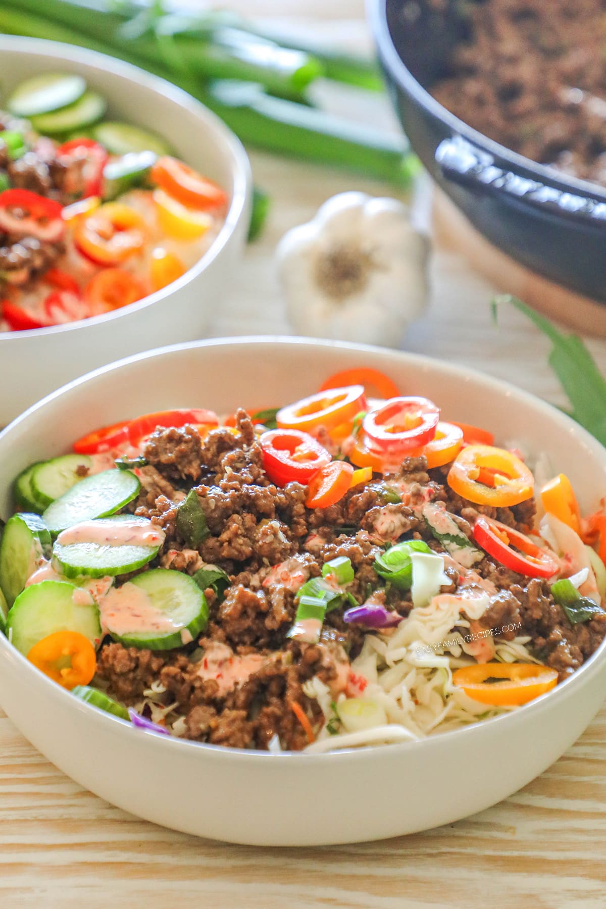 a beef bulgogi bowl from the side.