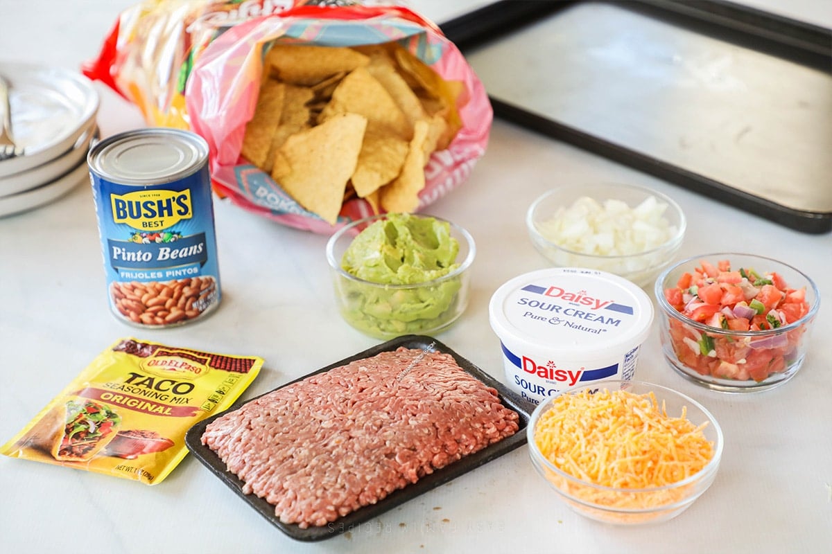 ingredients for sheet pan beef nachos.