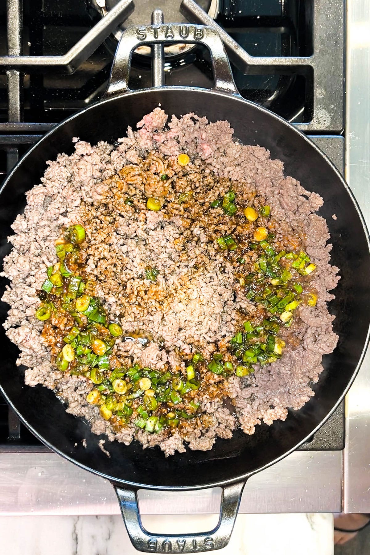 cooked beef in a skillet.