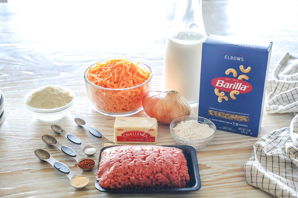 Ingredients for Loaded Mac & Cheese with Ground Beef