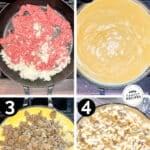 Numbered collage of four images showing the steps for how to make Loaded Mac & Cheese with Ground Beef. The text reads, “Ground Beef Mac & Cheese”