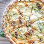 Top view of a pie plate full of Marry-Me Chicken Quiche. The text reads, "Marry Me Chicken Quiche"