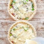 Vertical collage of four images showing the steps for how to make marry-me chicken quiche.