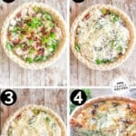 Collage with four numbered images showing the steps for how to make marry-me chicken quiche. The text reads, "Marry Me Chicken Quiche"