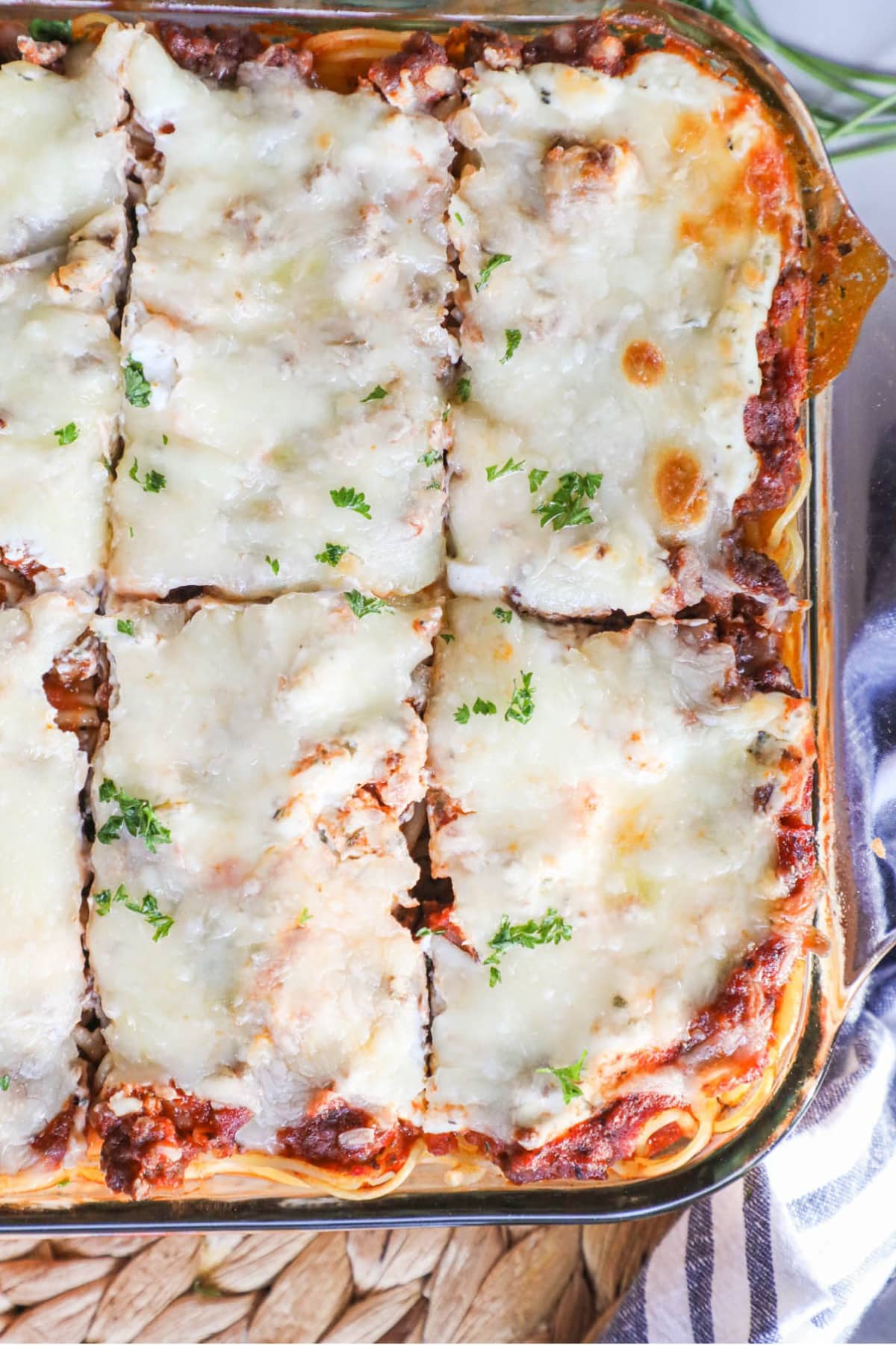 Million dollar spaghetti in a baking dish
