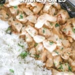 Close-up of Bang Bang Chicken bites next to a bed of rice. The text reads, “Bang Bang Chicken Bites”