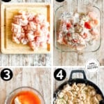 A collage image of four numbered photos showing the steps for how to make bang bang chicken. The text reads, “Bang Bang Chicken Bites”