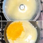 Vertical collage with four images showing the steps for making cheesy grits with eggs.