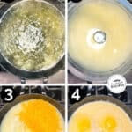 A collage image with four numbered images showing the steps for making cheesy grits with eggs. The text reads, "Cheesy Grits with Eggs"