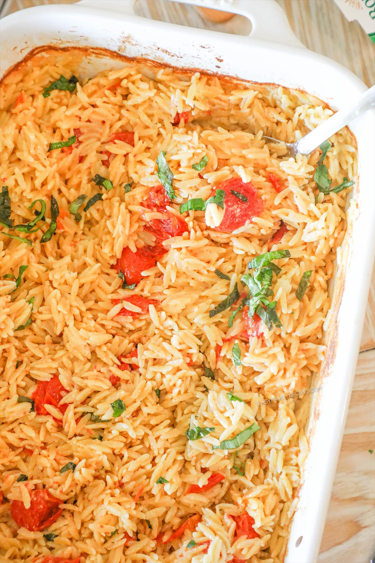 Boursin Baked Orzo in a white casserole dish