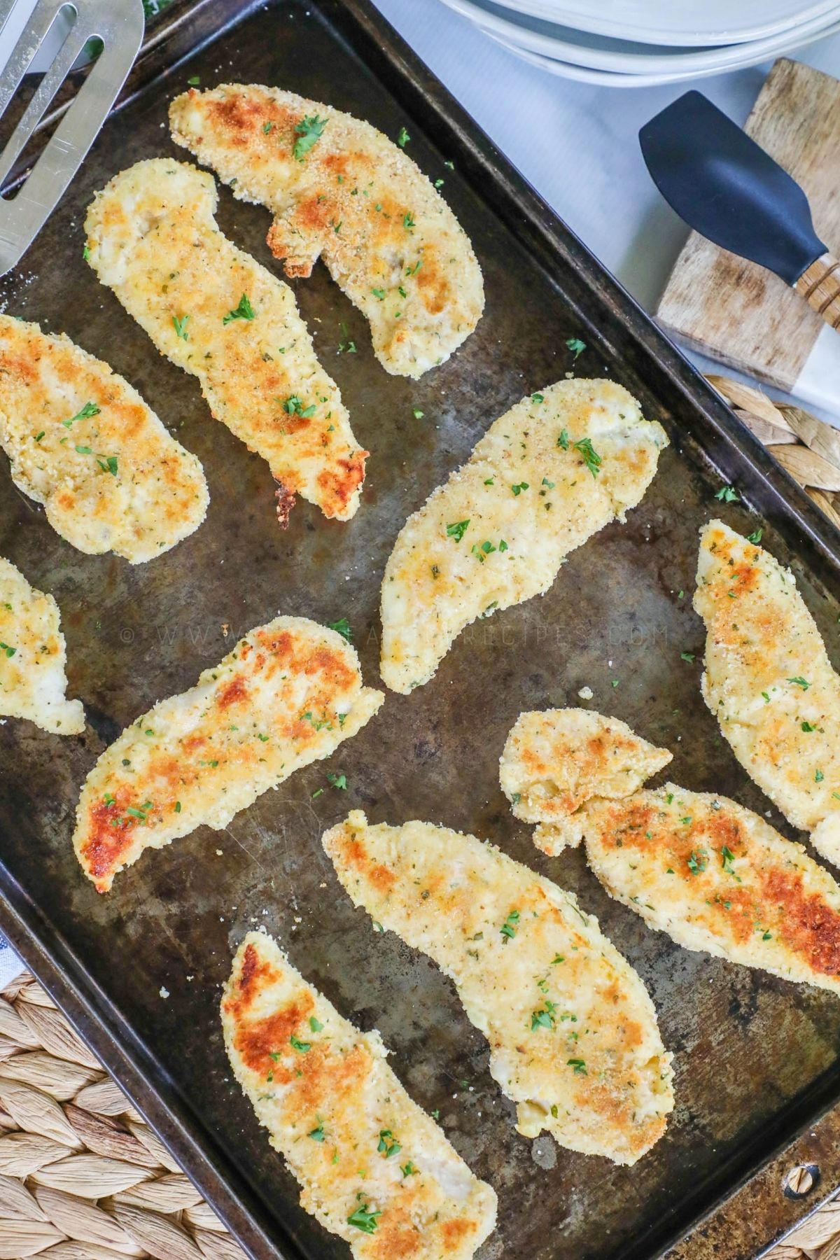 sheet pan with crispy baked chicken tenders