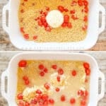 Vertical collage of four images showing the steps for how to make Creamy Boursin Baked Orzo