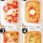 Vertical collage of four numbered images showing the steps for how to make Creamy Boursin Baked Orzo. The text reads, “Creamy Boursin Baked Orzo”