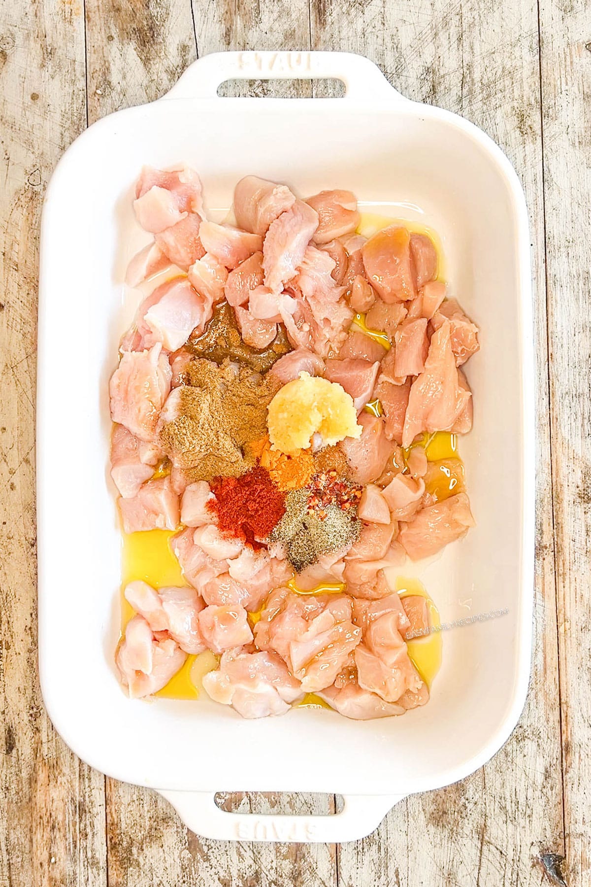 Step 2 for how to make chicken schwarma bites - add seasonings to chicken