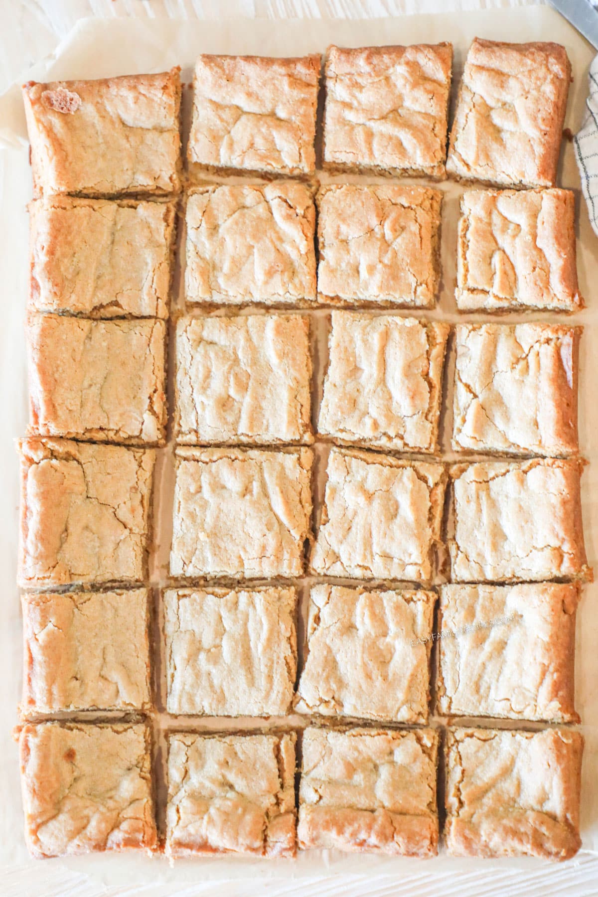 above image of baked blondies sliced into squares.