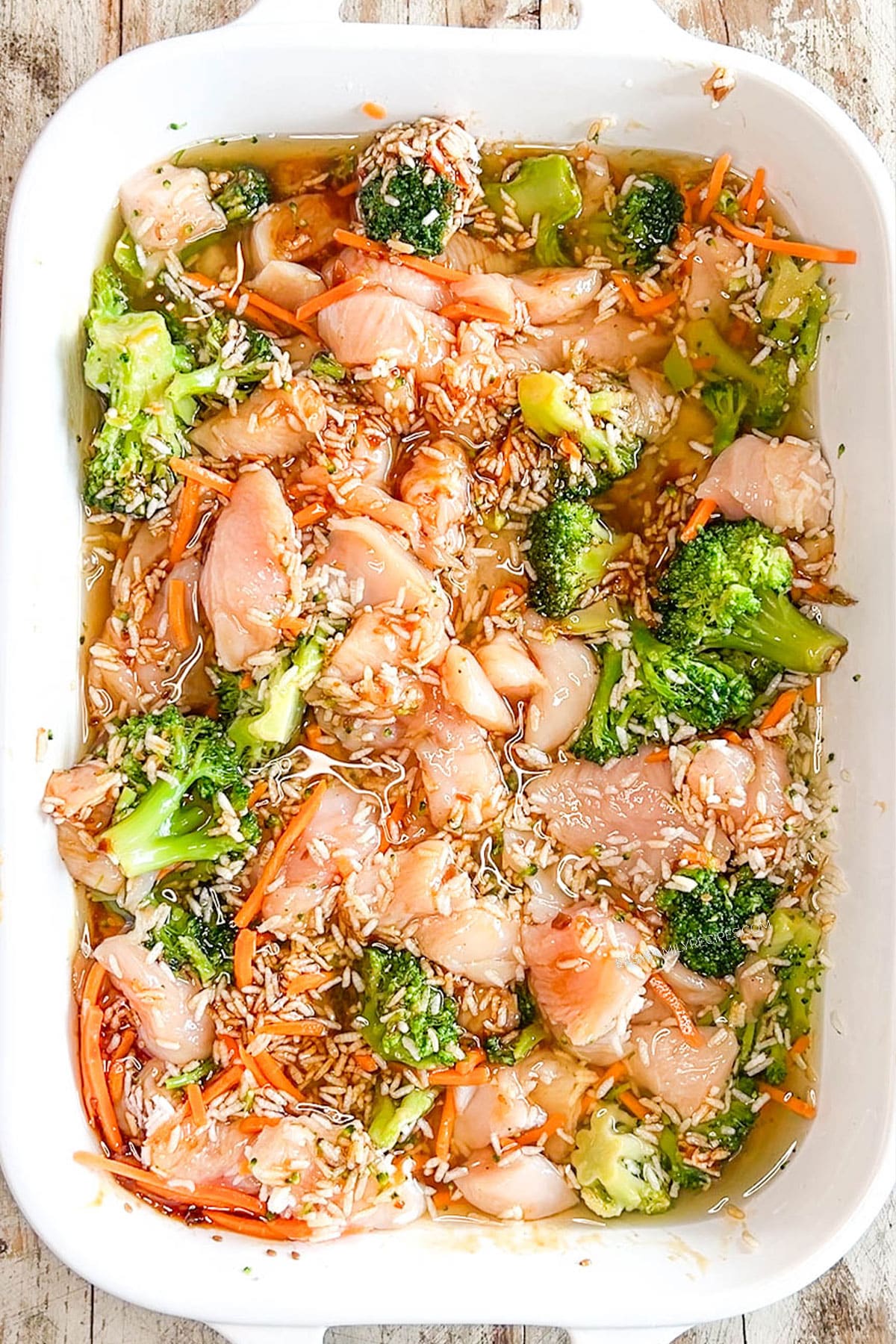 step 3 for making teriyaki chicken casserole - mix it all together