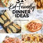 photo collage of 6 photos - baked tacos, ranch chicken tenders, spagetti marinara, chili cheese dogs, sloppy joes, and oven baked chicken bites