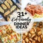 photo collage of 4 kid-friendly dinners; ranch baked chicken tenders on a baking sheet, a bowl of spaghetti marinara, a pan of crispy baked tacos, and a dish of oven baked chicken bites