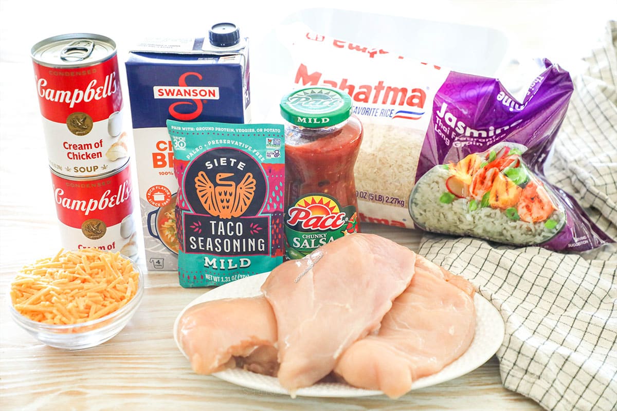 ingredients for cheesy chicken and rice.