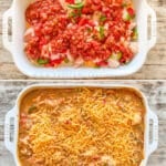 how to make cheesy mexican chicken and rice, 1)add rice and chicken to a casserole dish, 2)add pepper and onions, and salsa to the dish, 3)mix in broth mix, then bake, 4)finish with cheese, then continue to bake.
