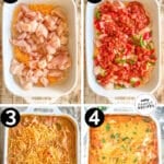 how to make cheesy mexican chicken and rice, 1)add rice and chicken to a casserole dish, 2)add pepper and onions, and salsa to the dish, 3)mix in broth mix, then bake, 4)finish with cheese, then continue to bake.