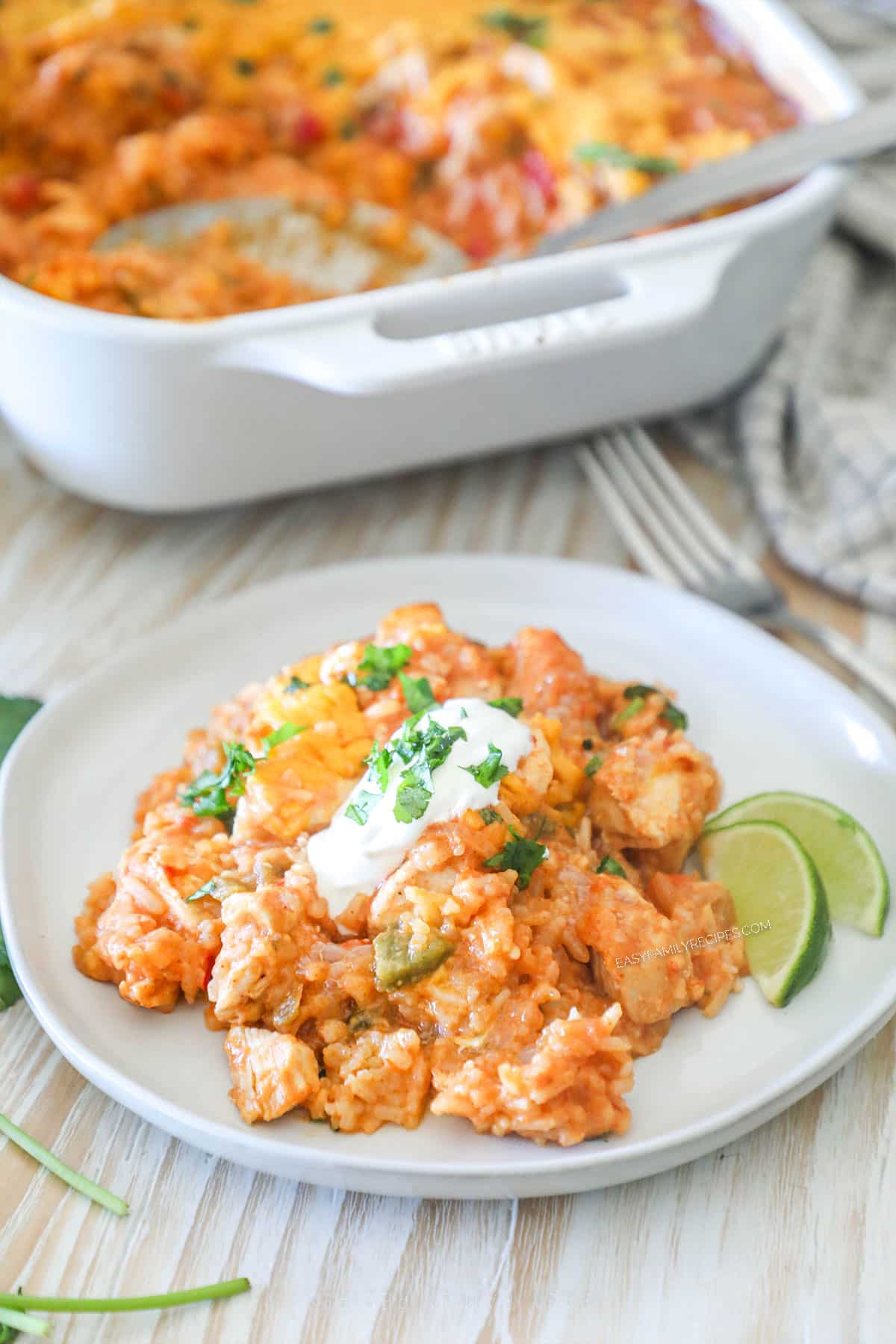 a plate of chicken and rice topped with sour cream and cilantro.