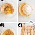 how to make blondie bars, 1)cream butter and sugar together, then add egg and vanilla, 2)add in dry ingredients, 3)mix until smooth, 4)bake until set.