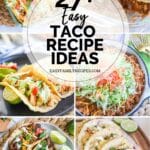 6 photo collage - baked chicken tacos, 7 layer taco casserole, crockpot chicken tacos, cheesy taco skillet, bbq brisket tacos, and hawaiian chicken tacos