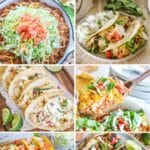 6 photo collage - cheesy taco skillet, crockpot chicken tacos, hawaiian chicken tacos, chicken taco casserole, baked chicken tacos, and bbq brisket tacos