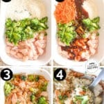 Vertical collage of four numbered images showing the steps for how to make Teriyaki Chicken Casserole