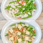 Vertical collage of four images showing the steps for how to make Crockpot Sausage and Potatoes