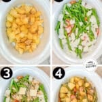 Collage of four numbered images showing the steps for how to make Crockpot Sausage and Potatoes. The text reads, “Crockpot Sausage and Potatoes”