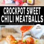 Two images, the first shows the ingredients for Crockpot Sweet Chili Meatballs. The second shows a serving on a white plate with rice and the extra sauce being spooned over the top. The text reads, “Crockpot Sweet Chili Meatballs”