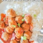 Top view of a plate full of Crockpot Sweet Chili Meatballs with rice. The text reads, “Crockpot Sweet Chili Meatballs”