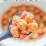 A serving spoon lifts some Crockpot Sweet Chili Meatballs out of the Crock Pot. The text reads, “Crockpot Sweet Chili Meatballs”