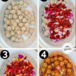 Collage of four numbered images showing the steps for how to make Crockpot Sweet Chili Meatballs. The text reads, “Crockpot Sweet Chili Meatballs”